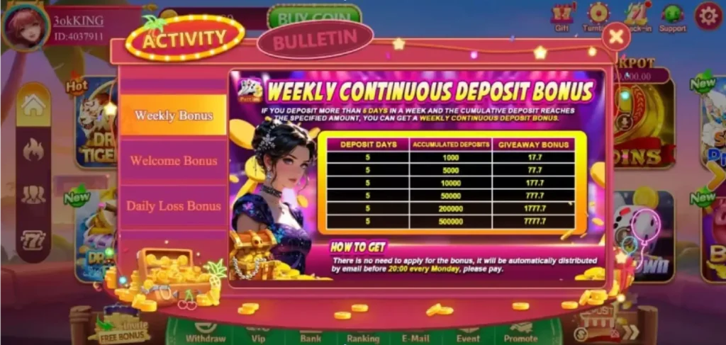 Luck33 game weekly continuous deposit bonus